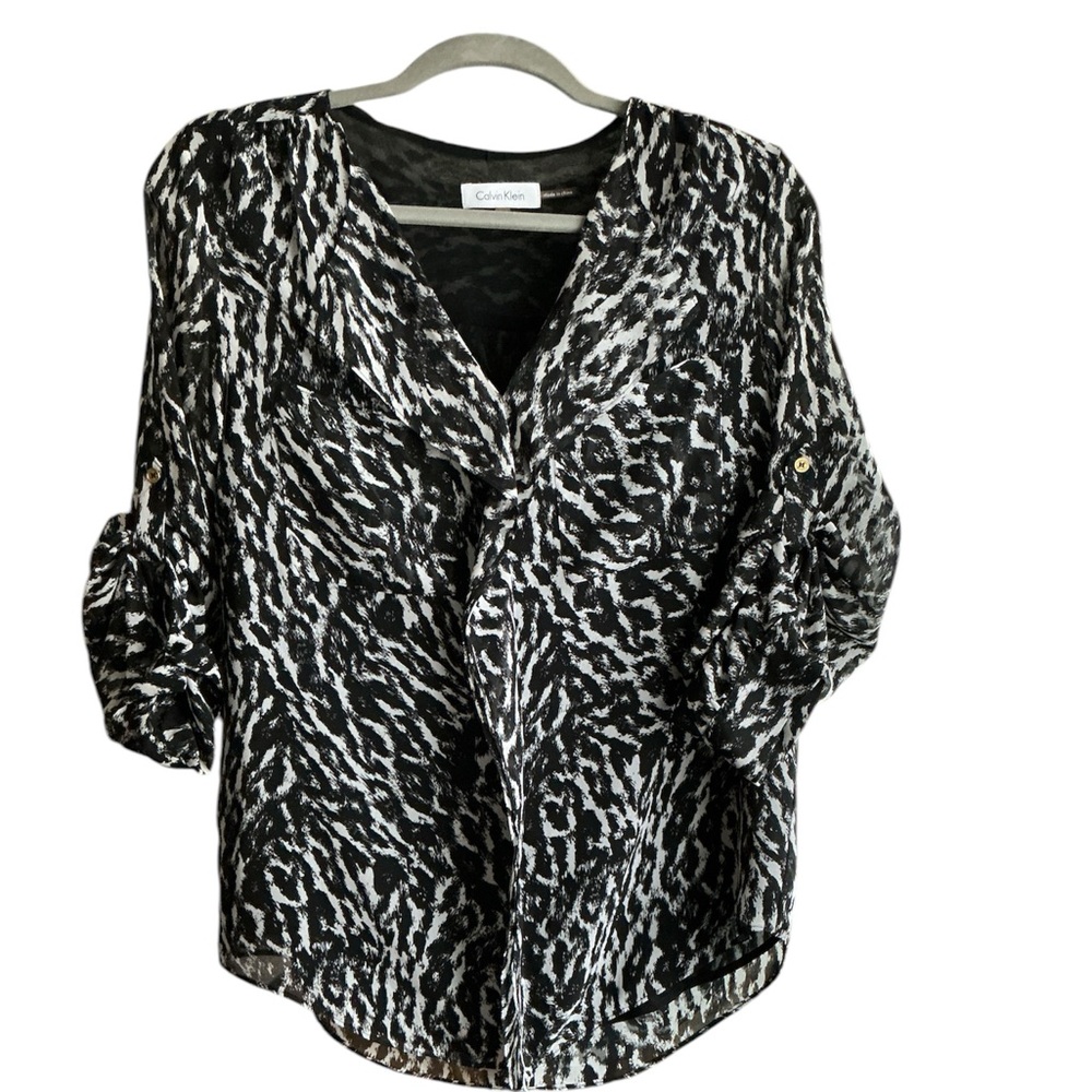 Calvin Klein Black and White Blouse - Tunic Women's Top with Rolled Sleeves XS